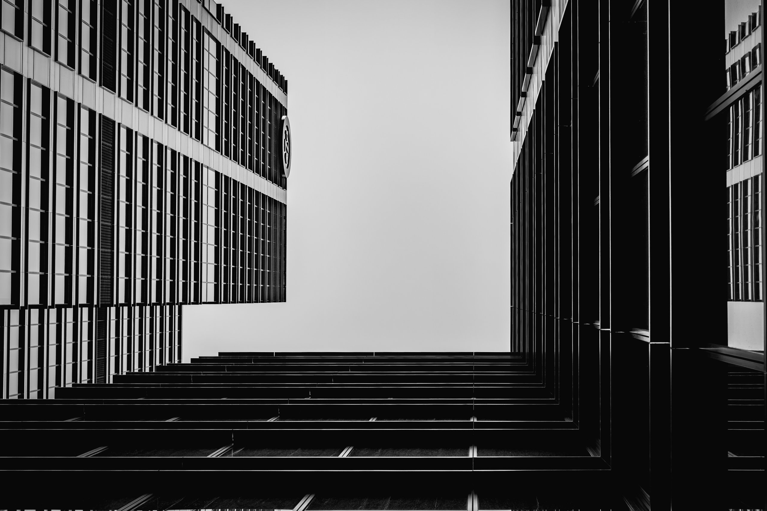 Looking up at a set of commercial skyscrapers